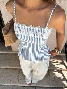 Camiseta de tirantes elegante de unicolor con parches de encaje para el verano - Azul y blanco - Ver 9