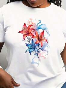 Camiseta Moderna Minimalista con Efectos de Humo y Flores de Lirio, Camiseta con Gráficos de Acuarela, Sudadera Botánica, Sudadera de Verano con Gráficos de Lirios, Regalo para Uso Diario Casual - Blanco - Ver 1