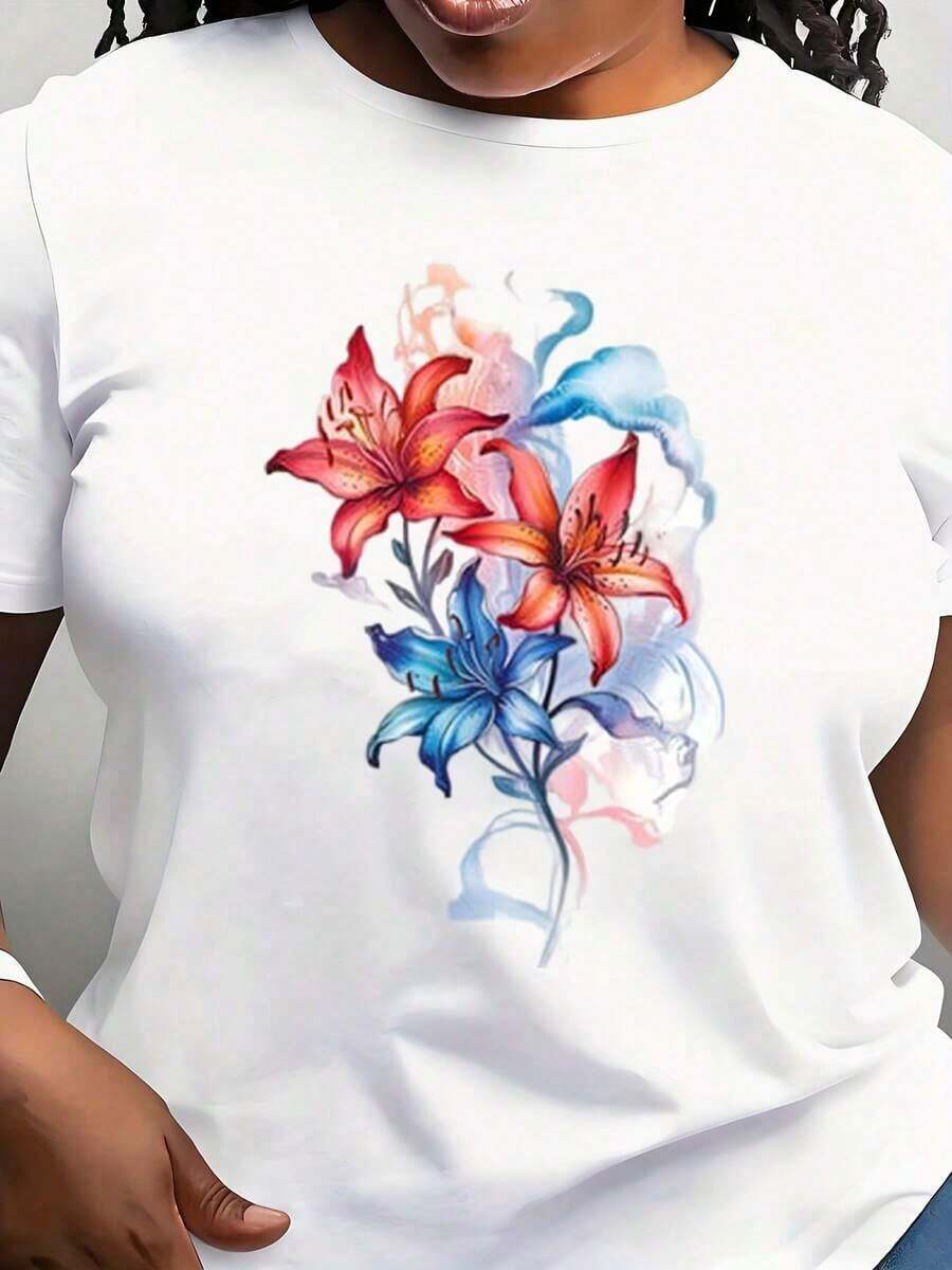 Camiseta Moderna Minimalista con Efectos de Humo y Flores de Lirio, Camiseta con Gráficos de Acuarela, Sudadera Botánica, Sudadera de Verano con Gráficos de Lirios, Regalo para Uso Diario Casual - Blanco - Ver 1