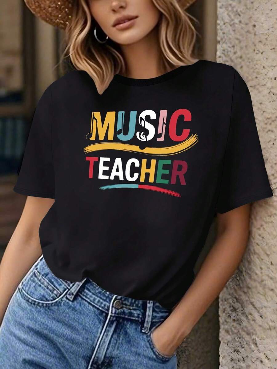 ¡Oferta por tiempo limitado, unidades limitadas, relámpago! Camisas casuales para mujer, camisetas de poliéster para mujer, camisas elegantes. Camiseta de Música para Mujer con Notas Musicales Coloridas y Estampado "MUSIC TEACHER" - Manga Corta y Cuello Redondo Casual para Eventos, Coros, Clases de Piano - Regalo Transpirable para Educadores en Todas las Estaciones - Negro - Ver 1
