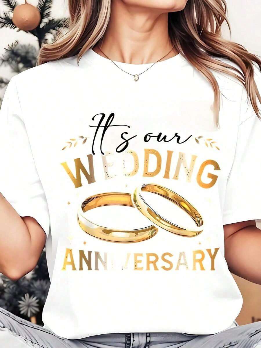 It's Our Wedding Anniversary, Women's Round Neck T-Shirt With Ring Print, For Couples' Celebration, Wedding Anniversary, 220g, Loose Fit T-Shirt For Women - 白色 - 查看 1