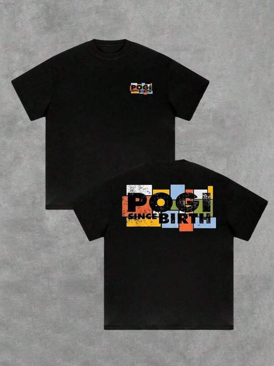 Camiseta Casual para Hombre POGI SINCE BIRTH, Impresión a Doble Cara, 220g, 100% Algodón, Camiseta con Diseño Gráfico, Estilo Retro con Letras en Bloque - Negro - Ver 1