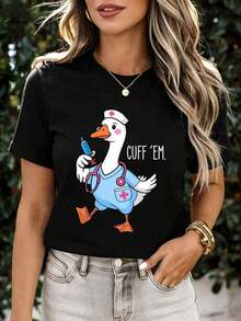 ModernoCute Women's White T-Shirt With Cartoon Duck Nurse Print, Summer Casual Wear, Fun Animal Design, Medical Theme, Casual Top - 黑色 - 查看 6