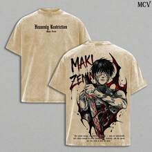 T-Shirt – Loose-Fitting Anime T-Shirt With A Vintage Effect, Maki Manga Graphic Tee With A Dark Aesthetic, Unisex Streetwear Made Of Thick Cotton, JJK Merchandise, Anime Gift For Autumn. - 黑色 - 查看 4