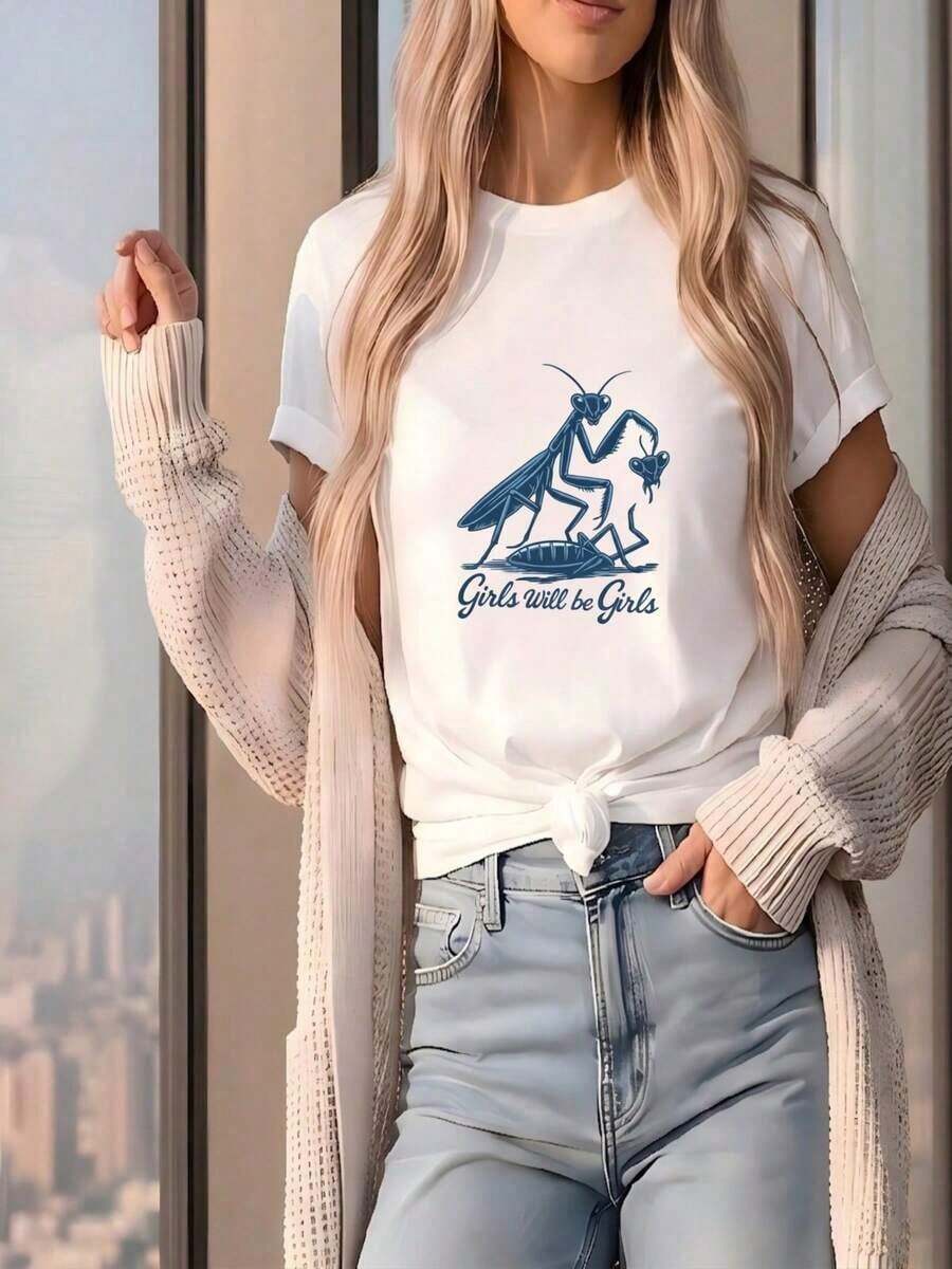 ComfortableCamiseta informal de manga corta con cuello redondo y hombros caídos, color negro, con estampado de mantis religiosa para mujer, "Girls Will Be Girls"Fashion All-match Women's Short Sleeve T-shirt, Basic Style for Inner & Outer Wear - Blanco - Ver 1