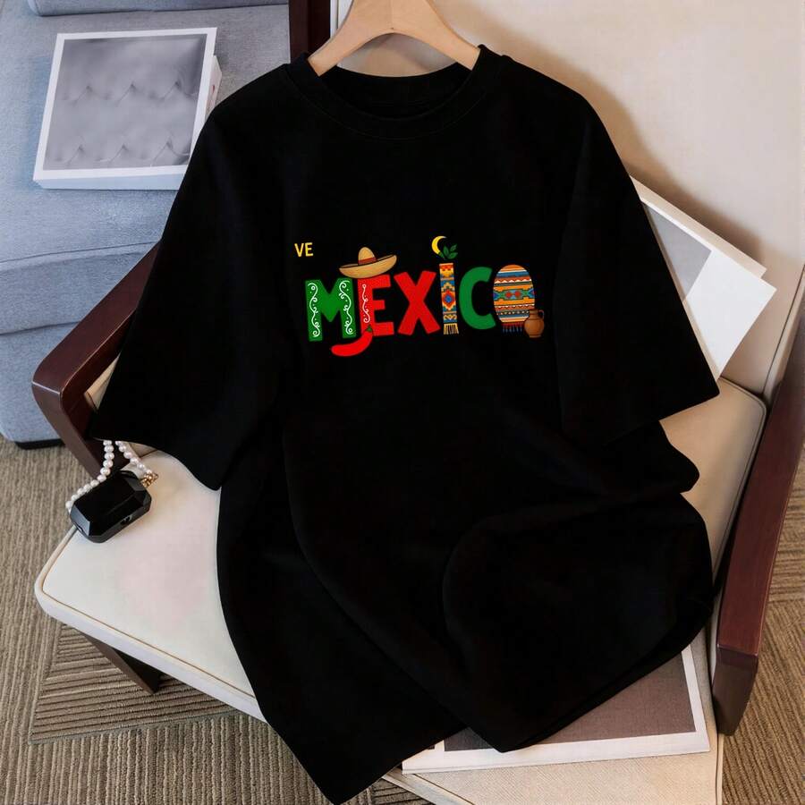 Camisetas para adolescentes Estampado kawaii Nosotros México Holgado Para el día a día y vacaciones |Camiseta casual linda - Negro - Ver 1