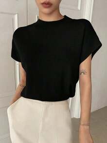 Blusa de punto casual de cuello redondo y manga corta para mujer - Negro - Ver 3