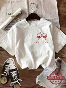 Women's 180g Pure Cotton White T-Shirt, Soft And Comfortable, With Wine Glass Design And Health Quotes, Elegant And Breathable, Perfect For Year-Round Wear - 白色 - 查看 6