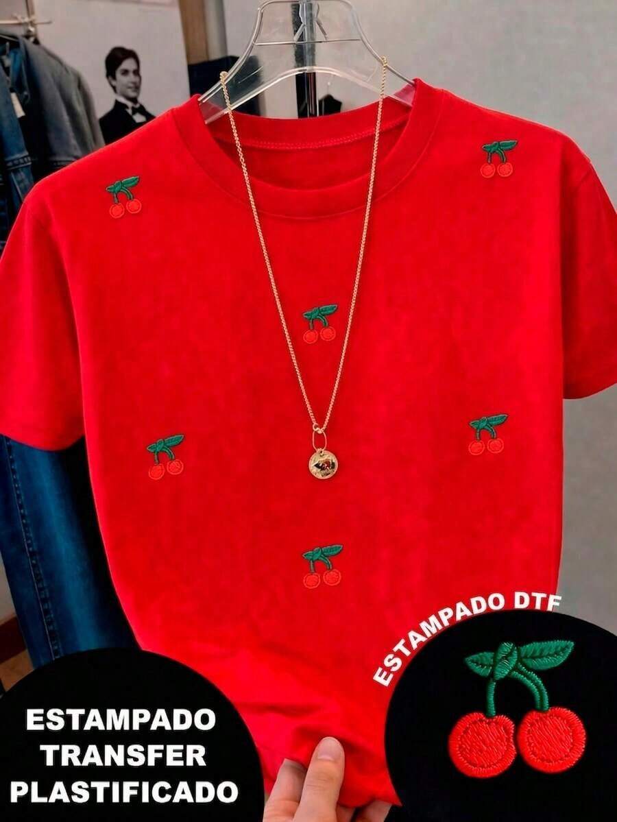 T-Shirt With A Red Cherry Design, Embroidered Style But Printed, Colorful, Casual, Modern, Round Neck, Short Sleeves, Ideal For Everyday Wear, Eye-Catching, Loose-Fitting, Fashionable, Perfect For You. (Unisex, Retro Style, Fresh And Youthful, For Teenagers) - 紅色的 - 查看 1
