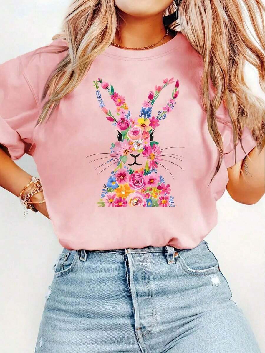 Camiseta Vintage de Mujer con Estampado de Conejo - Blusa Suave y Transpirable de Manga Corta y Cuello Redondo, Top Casual para Primavera, Verano y Otoño con Estampado de Conejo y Patrones, Lavable a Máquina, Regalo para Pascua - Rosa - Ver 1
