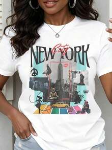 Camiseta de Cuello Redondo para Mujer con Estampado Gráfico de la Ciudad de Nueva York, Manga Corta, Estilo Casual Urbano para Uso Diario y Viajes, Ropa Fresca de Verano para Mujer - Blanco - Ver 1