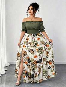 Auvina Vestido casual elegante de talla grande para mujer de primavera/verano, en azul sólido de aspecto de mezclilla con cintura fruncida y con abertura lateral - Verde militar - Ver 5