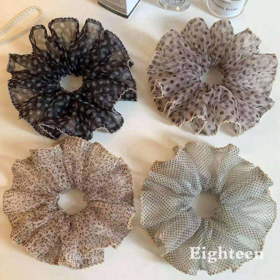 1个波点豹纹薄纱发圈，荷叶边欧根纱弹力发绳，优雅马尾辫发圈，适合女性，俏皮田园风，日常、办公及夏季使用 - 彩色 - 查看 1
