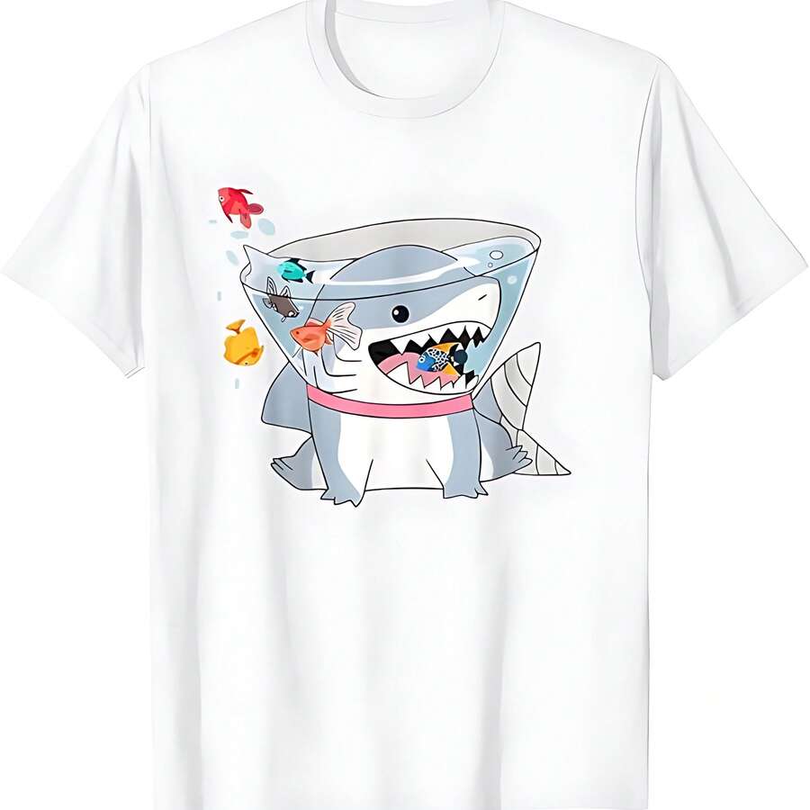 Camiseta de manga corta con estampado de tiburón con pecera, casual y divertida para uso diario Blanco - Blanco - Ver 1