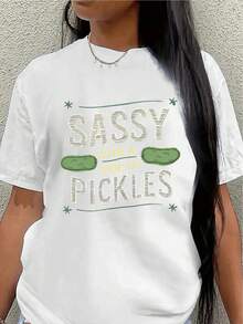Camiseta de manga corta de poliéster, estampada con el diseño "Playful with Sour Pickles", ligera y duradera, adecuada para uso casual en casa o en restaurantes, una camiseta divertida con estampado llamativo.blusa casual mujer - Blanco - Ver 7