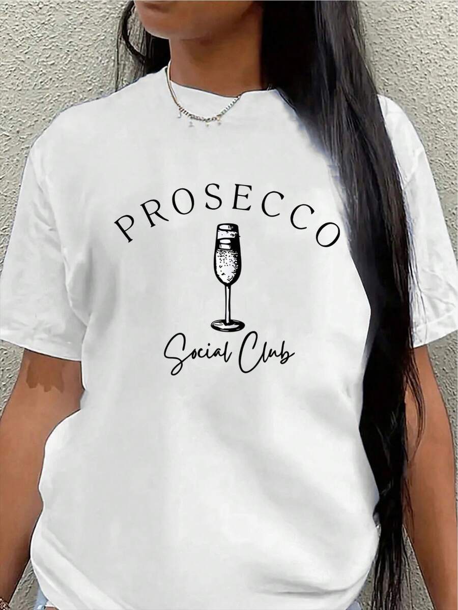 Short-Sleeved T-Shirt, Decorated With A Prosecco Social Club Design, Lightweight And Durable, Suitable For Casual Wear In Restaurants Or At Home; Printed Design, Comfortable And Fitted For Everyday Wear. Women's Casual Blouse - 白色 - 查看 1