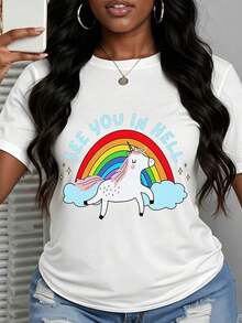Camiseta Gráfica "Nos Vemos en el Infierno" con Unicornio y Nubes Arcoíris para Mujer, Estilo Casual de Manga Corta - Estilo Urbano Vintage Unisex, Camiseta Holgada de Algodón con Cuello Redondo y Manga Corta, 100% Algodón - Blanco - Ver 3