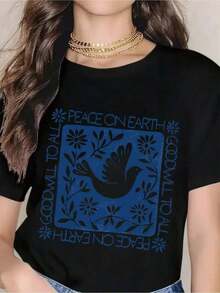 Camiseta Casual Peace On Earth para Mujer - Regalo Navideño, Camiseta Blanca con Cuello Redondo y Estampado Azul con Mensaje de Buena Voluntad para Todos, Top Festivo de Temporada para Celebraciones de Navidad, Año Nuevo e Invierno. - Negro - Ver 7