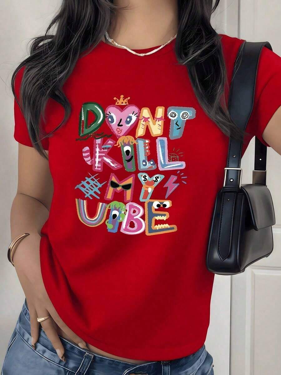 Camiseta con Estampado Gráfico Tipográfico Colorido, 180g, 1 Pieza, Frase Divertida, Camiseta Casual de Mujer 100% Algodón, Estilo Streetwear - Rojo - Ver 1