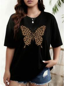 Women's Casual Athletic Top With A Graphic Butterfly Leopard Print - Black, Stretchy, Crew-Neck T-Shirt, Machine Washable And Suitable For All Seasons. A Stylish Leisure Piece, Perfect For Pairing With Distressed Shorts For A Cool And Laid-Back Look. Opaque Fabric Ensures Both Comfort And Style. - 黑色 - 查看 6