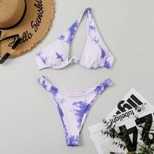 Nuevo y popular traje de baño de dos piezas para mujer, sexy y multicolor, bikini de un solo hombro con aros. - Tie-dye 10 - Ver 1