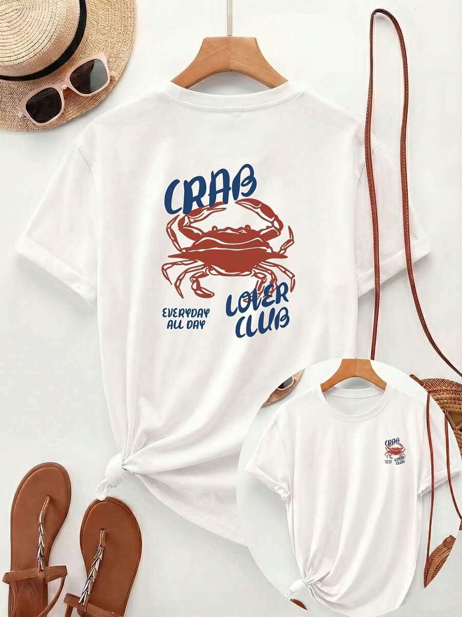 [Impresión a doble cara] Camiseta de mujer, top casual de manga corta y cuello redondo, con estampado de cangrejo rojo y texto azul "CRAB LOVER CLUB", tela transpirable y lavable a máquina, - Blanco - Ver 1