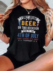 Camiseta de Mujer Casual con Cuello Redondo, Opciones en Blanco y Negro, Estampado de Cerveza y 4 de Julio, Camiseta Gráfica con Frases Divertidas, Camisetas de Uso Diario de Verano, Tops de Verano, Camisetas Gráficas, Conjuntos de Verano, Camisetas Gráficas de Mujer, Tops Cortos de Mujer, Camisetas Vintage de Algodón, Ropa Linda para Mujer, Playera Holgada para Mujer - Negro - Ver 1