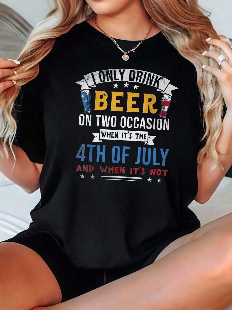 Camiseta de Mujer Casual con Cuello Redondo, Opciones en Blanco y Negro, Estampado de Cerveza y 4 de Julio, Camiseta Gráfica con Frases Divertidas, Camisetas de Uso Diario de Verano, Tops de Verano, Camisetas Gráficas, Conjuntos de Verano, Camisetas Gráficas de Mujer, Tops Cortos de Mujer, Camisetas Vintage de Algodón, Ropa Linda para Mujer, Playera Holgada para Mujer - Negro - Ver 1