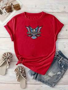 Comfortable Eagle With Wings In Red, Blue, And White Colors Symbolizing Strength, Freedom, And Courage, Carrying A Skull And Two Pistols As An Emblem Of Power. Women's 100% Cotton T-Shirts, Casual, Modern, And Comfortable Style For Everyday Wear. Fashion All-Match Women's Short Sleeve T-Shirt, Basic Style For Inner & Outer Wear - 紅色的 - 查看 4