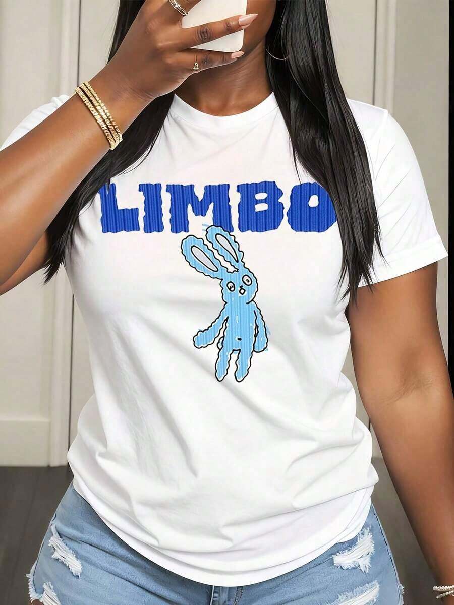 Camiseta de Mujer con Estampado Gráfico de Conejo Azul Limbo, Top Casual de Verano, Diseño de Moda Urbana para Uso Diario - Blanco - Ver 1