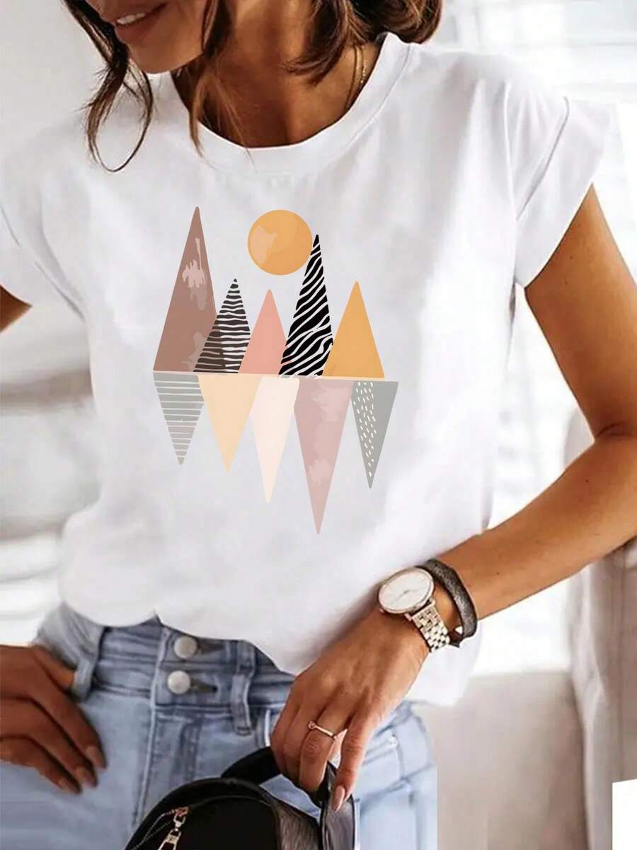 Women's T-shirt Top de manga corta para mujer con estampado de paisaje y cuello redondo ajustado. - Blanco - Ver 1