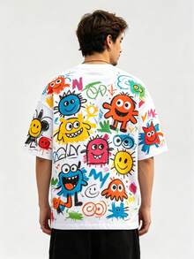 T-shirt homme à imprimé de graffiti de rue américain, motif de visage amusant, coupe ample décontractée col rond pour l'été - Blanc - Voir 2