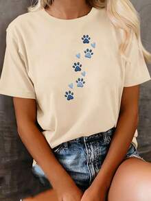 Camiseta deportiva casual de manga corta para mujer, con estampados de corazones y huellas de perro, diseño de moda casual y moderno, estilo urbano, adecuada para primavera, verano y otoño. EIZZ - Albaricoque - Ver 6