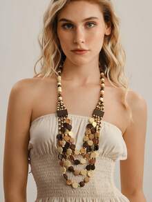 Nocturel Phong cách Bohemian Bằng gỗ Hạt Thủ công Nhiều lớp Dây chuyền & Hoa tai Bộ - Cà phê - Xem 5
