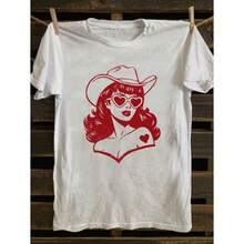 Camiseta Vaquera Vintage] 2079 - Camiseta Vintage de Vaquera Americana, Manga Corta Cuello Redondo, Blusa Casual para Mujer Z5181 - Blanco - Ver 7