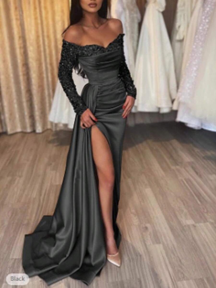 Elegant Sequined Party Dress With Long Sleeves, Perfect For Banquets, Events, And Female Presenters - 黑色 - 查看 1