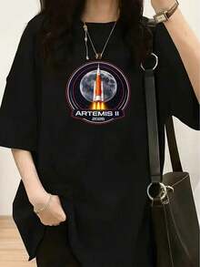 playeras de mujer algodon Camiseta de algodón puro para mujer, camiseta con estampado conmemorativo del cohetes Artemis II - Camiseta casual de manga corta con cuello redondo para mujer, corte holgado, imprescindible para la moda de primavera y verano. >ropa - Negro - Ver 7