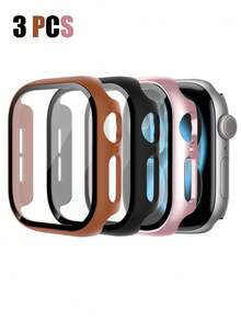 3件組適用於Apple Watch 40mm 41mm 42mm 44mm 45mm 46mm 硬PC鋼化玻璃二合一保護殼，防摔防刮全邊保護蓋，適合 Ultra SE Series 11 10 9 8 7 6 5 4，觸控靈敏智慧手錶保護殼，男女通用，3色套組 - 棕色+黑色+玫瑰金 - 查看 4