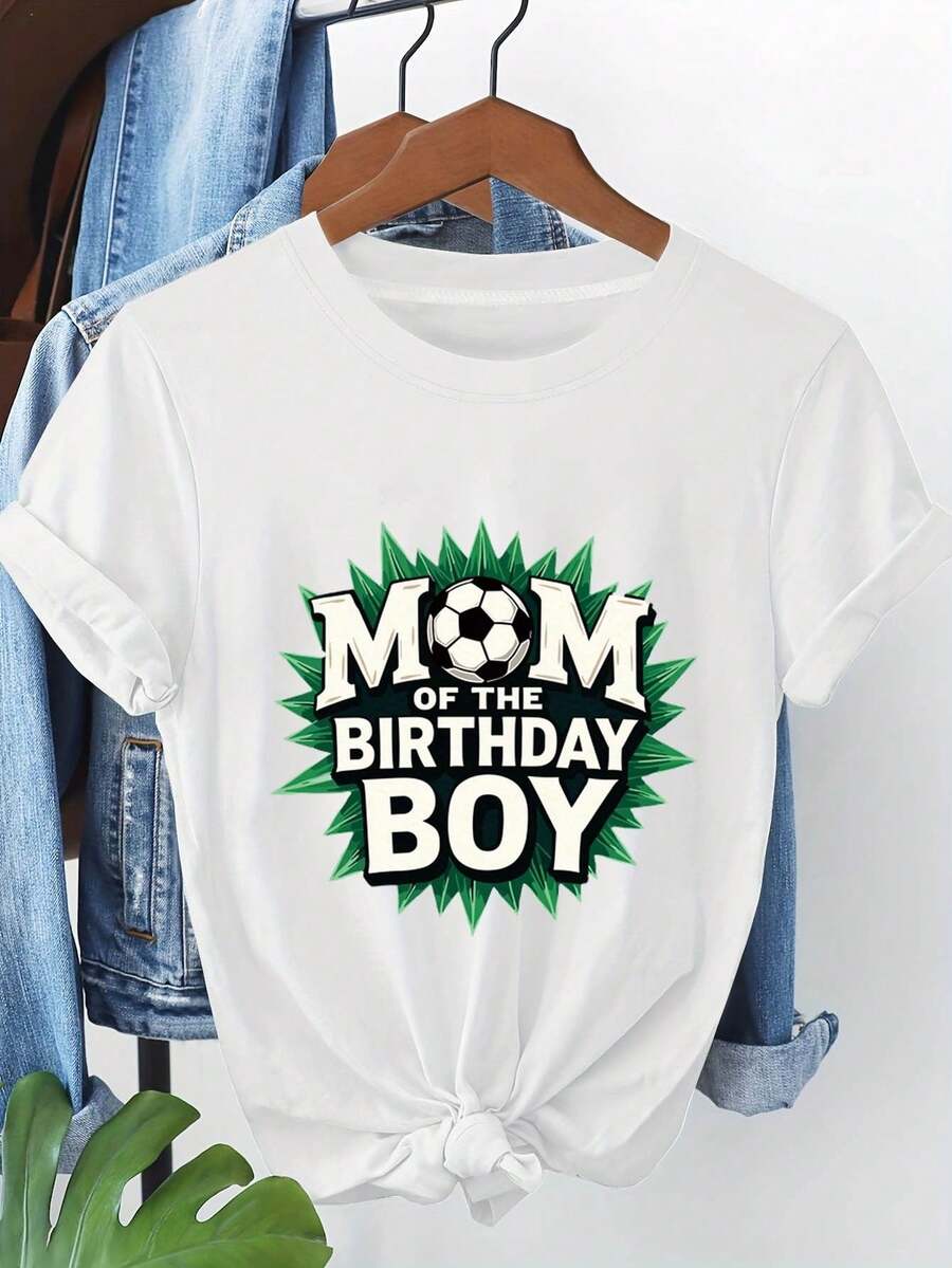Camiseta de Mujer con Estampado de Letras "Madre del Cumpleañero" con Temática de Fútbol para Celebración de Cumpleaños, Manga Corta, Cuello Redondo, Top Casual para Verano y Primavera, Ropa de Mujer - Negro - Ver 1
