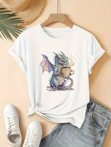¡Oferta por tiempo limitado, unidades limitadas,  relámpago! Camisas casuales para mujer, camisetas de poliéster para mujer, camisas elegantes. Camiseta gráfica de dragón para mujer - Cuello redondo casual de manga corta, estampado vibrante, lavable en máquina, perfecta para ropa de primavera y verano, moda de primavera |   Estampado vibrante |   Ropa casual de moda - Blanco - Ver 1