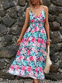 Printed Strapless Dress With V-Neck, Defined Waist, European Style - Multicolor - View 4