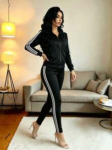 Conjunto de 3 piezas de ropa deportiva para mujer que incluye: Cárdigan con cremallera de punto negro + Top de tirantes + Pantalones - Negro - Ver 5