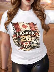 Canada 2026 Plus Size T-Shirt With Flag, Soccer Ball, Maple Leaf And  Design For Sports Fans And Casual Wear, Women's T-Shirt, 2026 World Cup T-Shirt, Graphic Print T-Shirt. - 白色 - 查看 6