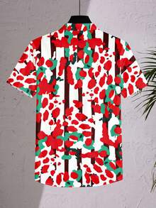 New Women's Short-Sleeve Shirt With A Red Ink Gradient Pattern Intermixed With Green Shadows And A Pattern Of Intertwined Dark Brown Vertical Lines. It Is A Versatile Casual Top Suitable For Commuting, Machine Washable, And Features Buttoned Printed Design - Mixed Colors - View 4