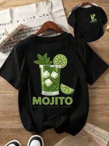 Camiseta con Estampado Gráfico MOJITO para Mujer - Top Casual de Verano de Manga Corta y Cuello Redondo, Negra con Diseño de Menta y Lima, Poliéster Ligero, Cómoda y Elegante para Uso Casual de Adultos - Negro - Ver 1