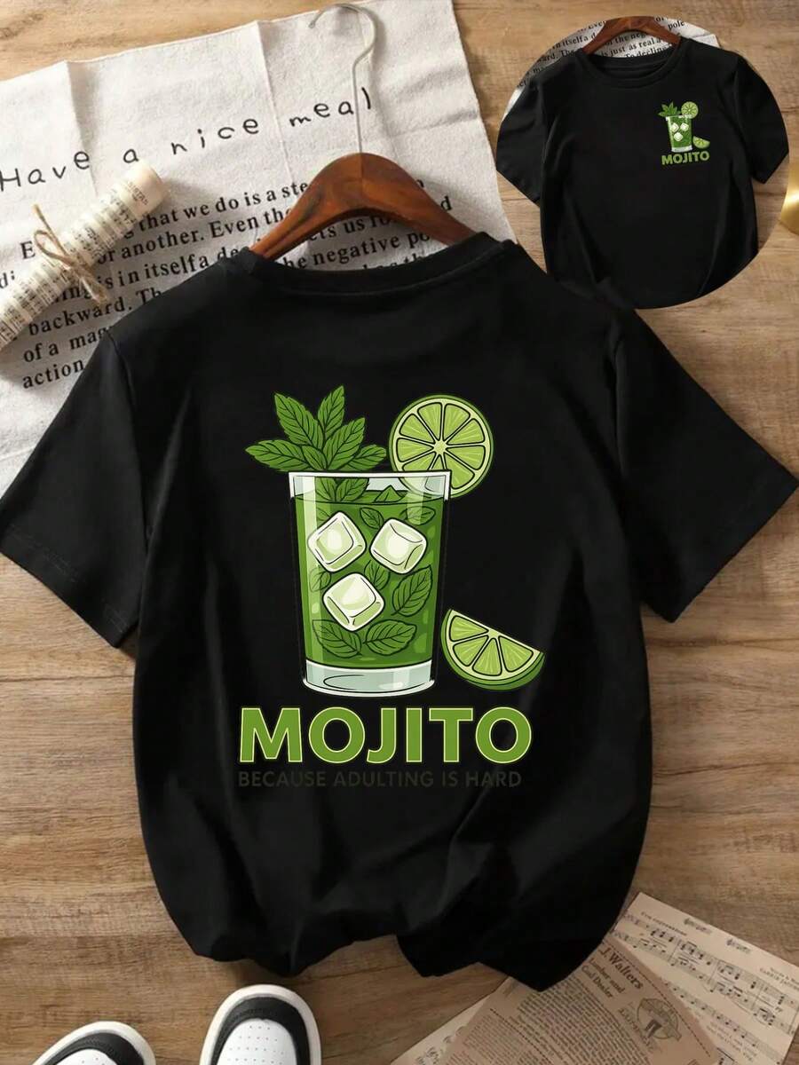 Camiseta con Estampado Gráfico MOJITO para Mujer - Top Casual de Verano de Manga Corta y Cuello Redondo, Negra con Diseño de Menta y Lima, Poliéster Ligero, Cómoda y Elegante para Uso Casual de Adultos - Negro - Ver 1