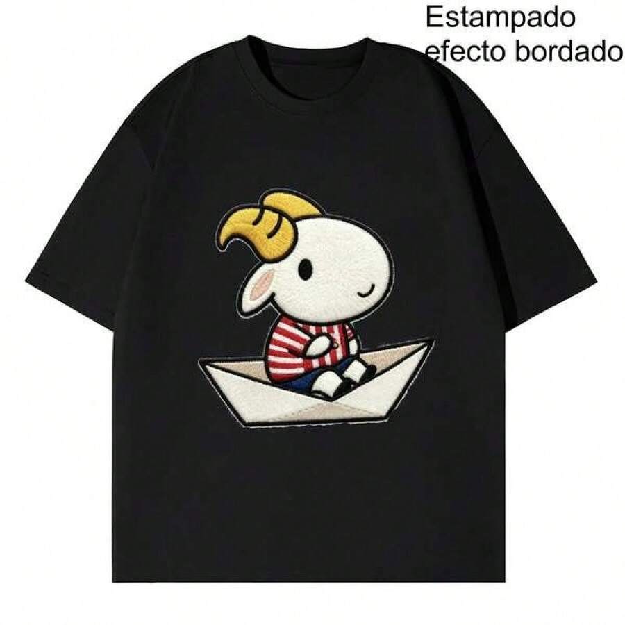 Camiseta Pareja Cabra en Barco de Papel, Estampado Efecto Bordado (No Real), Diseño Cute para Enamorados - Negro - Ver 1