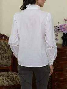 Ropa de mujer para otoño. Blusa de manga larga de unicolor con cuello vuelto, con parches de encaje, de estilo casual y elegante. La camisa de mujer talla grande popular y hermosa para salir, adecuada para primavera/otoño, hogar, vida diaria, trabajo y citas. Verano - Blanco - Ver 9