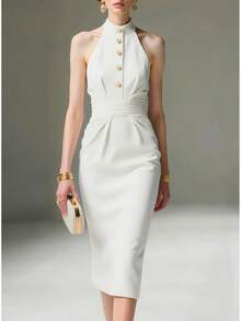 Vestido Midi Liso de Verano, Cuello Halter Sin Mangas con Botones y Fruncidos - Blanco - Ver 1