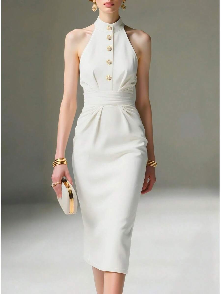 Vestido Midi Liso de Verano, Cuello Halter Sin Mangas con Botones y Fruncidos - Blanco - Ver 1